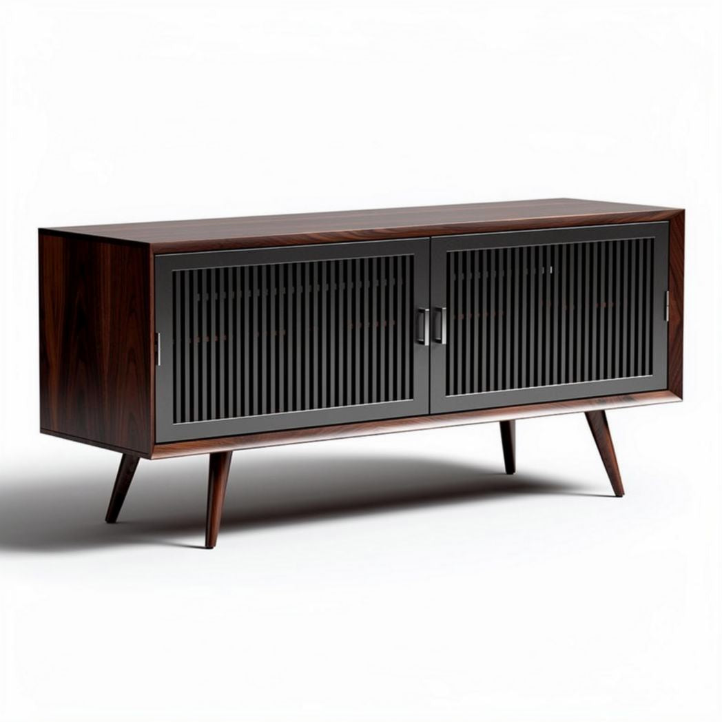 TV meubel van zwart hout met openingen en afmetingen van 150 x 40 x 60cm