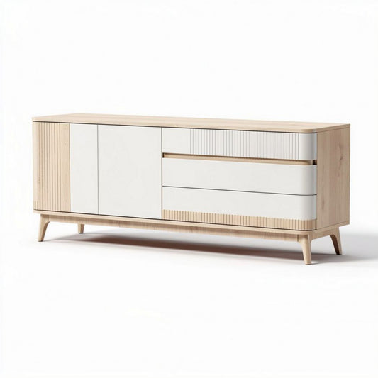 Houten tv-meubel van 150 x 40 x 70cm met witte deuren en lades