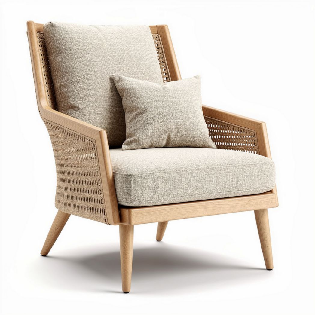 Lichtgewicht fauteuil van hout met kussen van stof 85 x 80 x 90cm